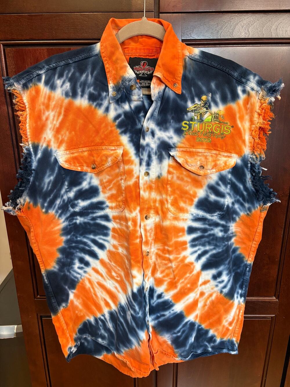 Sturgis Tye Dye Sleeveless Denim Shirt Orange Navy Size XL